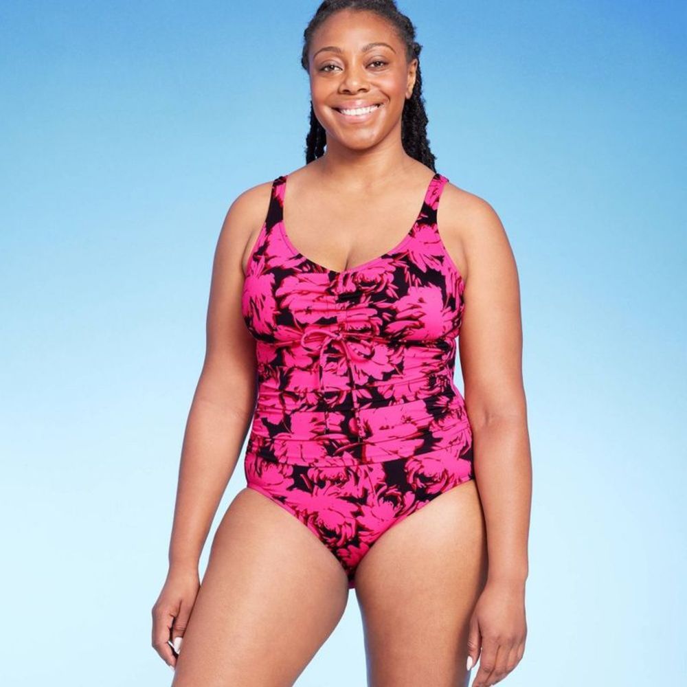 Aqua Green Hot Pink with Black Floral Ruched One-Piece Swimsuit